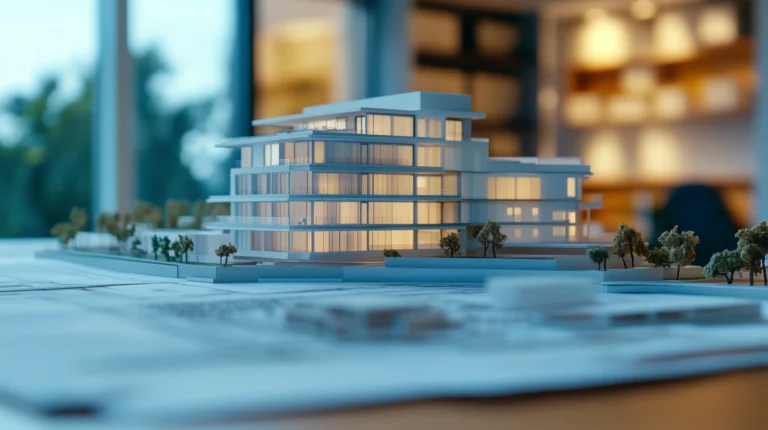 closeup-view-architectural-blueprints-modern-building-scale-model-design-planning-session-creative-workspace
