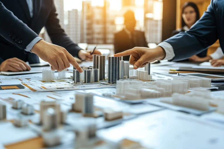 people-working-table-with-building-building-background